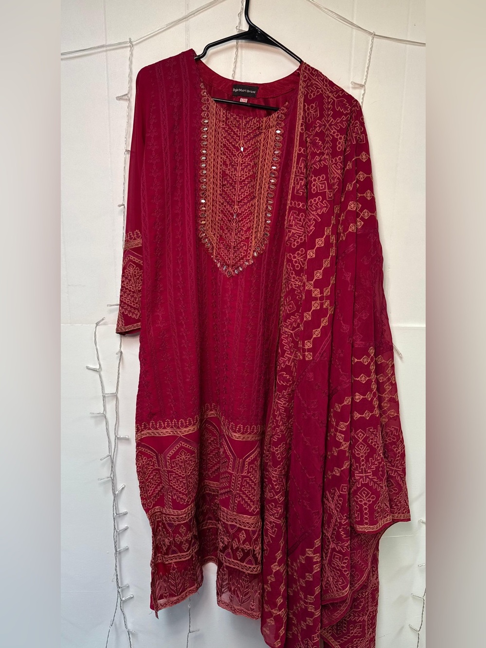 Red Embroidered Tunic Top with Scarf -